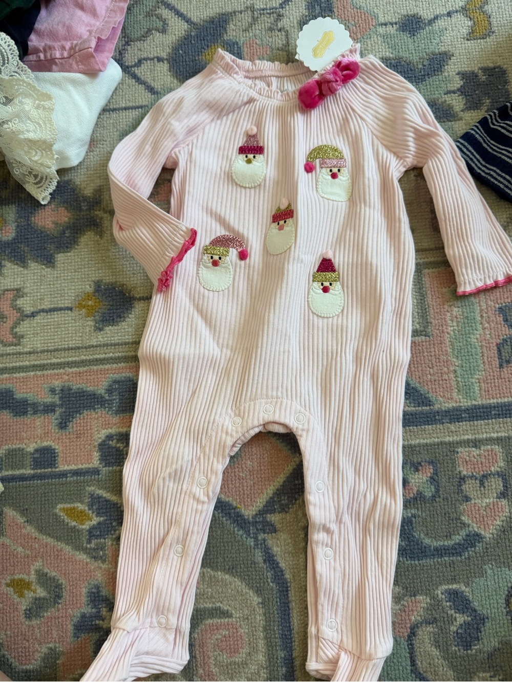 Mud Pie Pink Ribbed Holiday Footie with Embroidered Snowmen